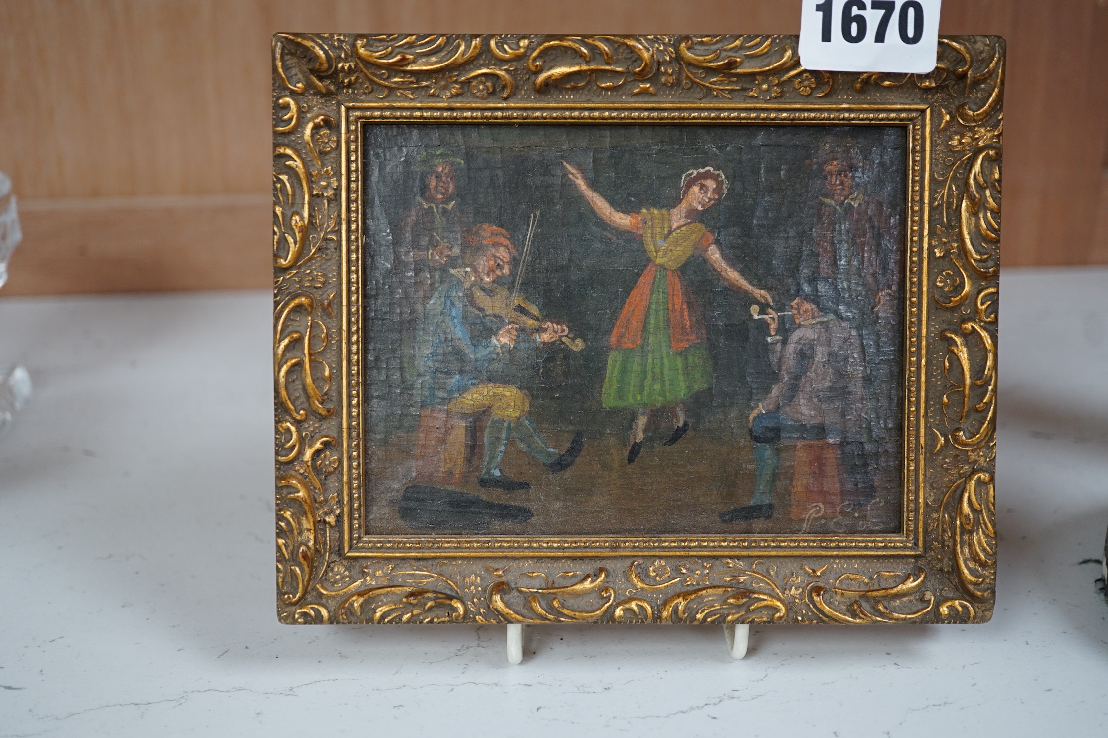 P.E.L., 17th century style, oil on panel, Musicians and dancing woman, initialled, 10 x 13cm